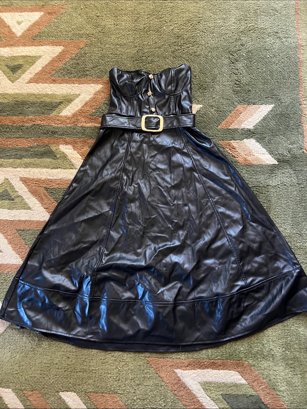 Strapless Black Faux Leather Belted Midi Dress 4(S)